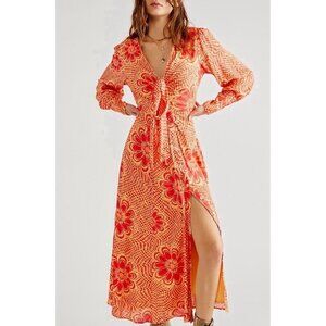 New Free People Napa Tie Front Maxi Dress in Sunshine Combo Women's XS